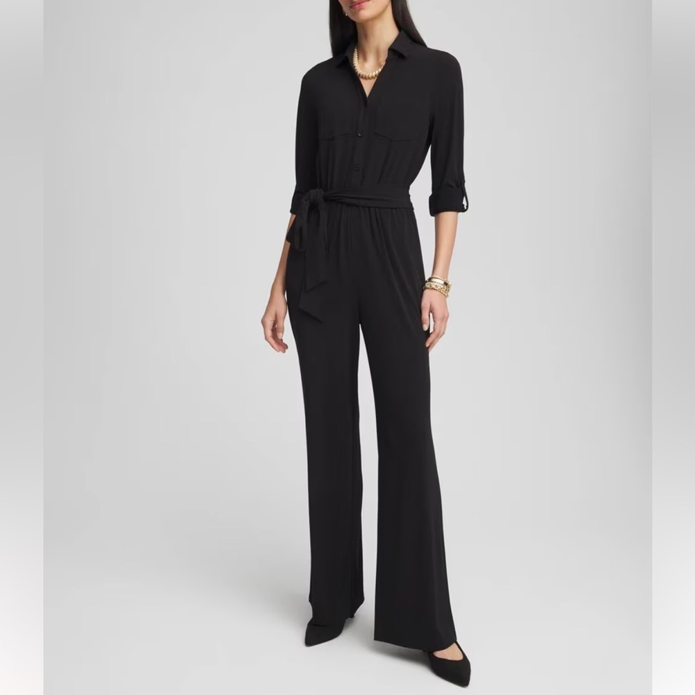Chico’s Jersey Maxi Jumpsuit Roll‎ Tab Long Sleeve Button Front Black XXL 20/22